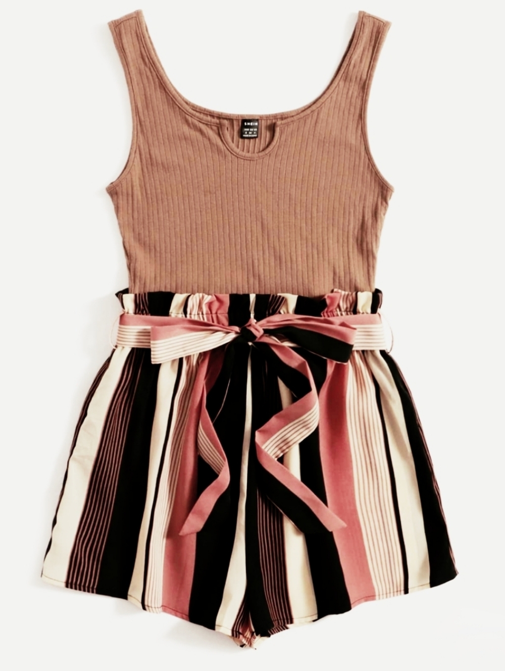 Women's Romper Jumpsuit One Piece, Rib Knit PINK Tank Striped Shorts, L PTP 21"